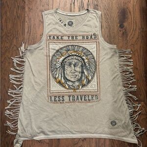 Double D Ranch Fringe Top Indian Chief Graphic Print Road Less Traveled Sz Sm
